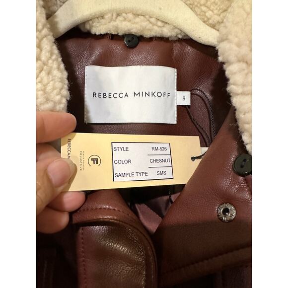 Rebecca Minkoff Faux Leather Jacket Chestnut Size Small NWT Shearling Collar - Picture 2 of 14